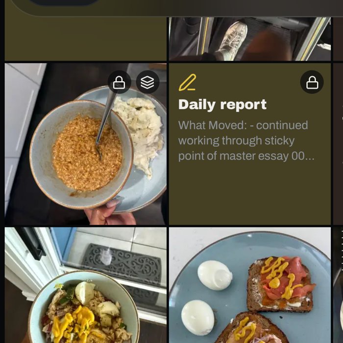 PRXS Rhythm grid of logged meals and daily reports